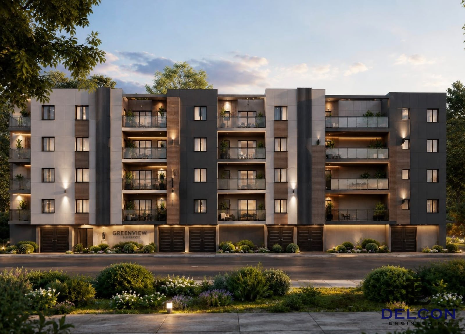 Completed Greenview commercial residential building exterior at dusk, Delcon Engineering project