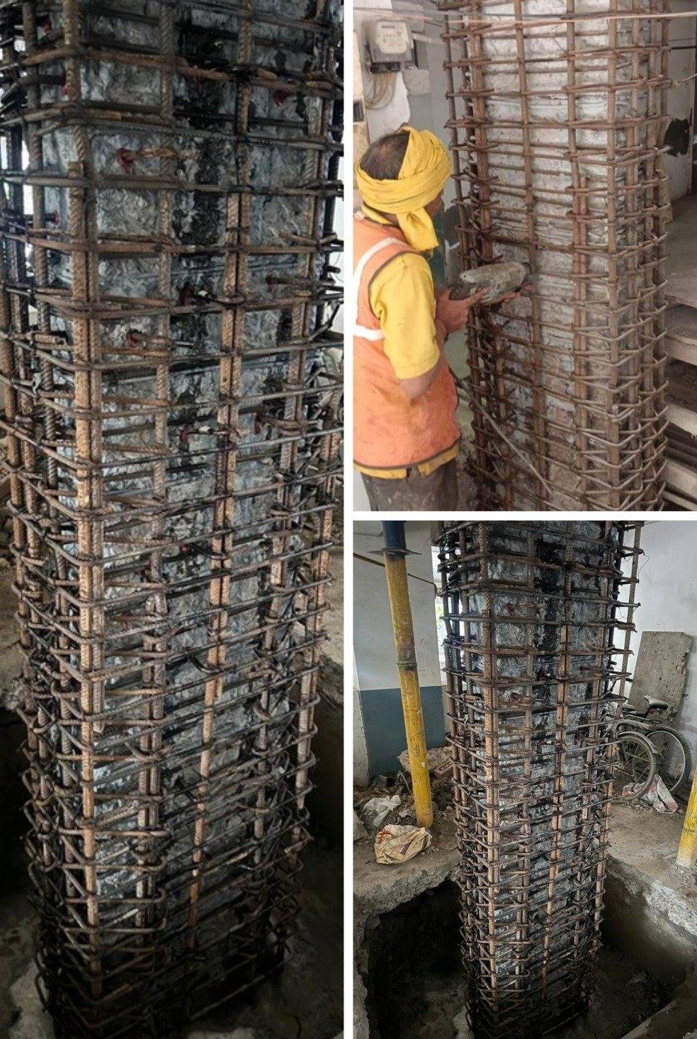 Column retrofitting on a building facade