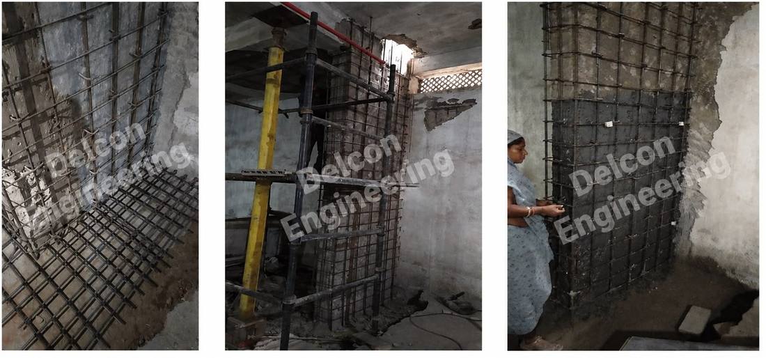Site engineers tying a rebar cage around a column, second angle